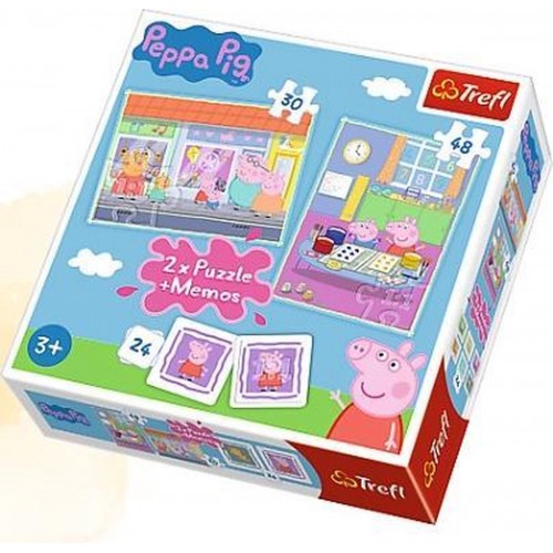 Driedubbel plezier! Niet één, maar twee puzzels in een doos en ook nog 24 memorycards met afbeeldingen van Peppa Pig. De puzzels hebben verschillende afmetingen en een verschillend aantal stukjes.